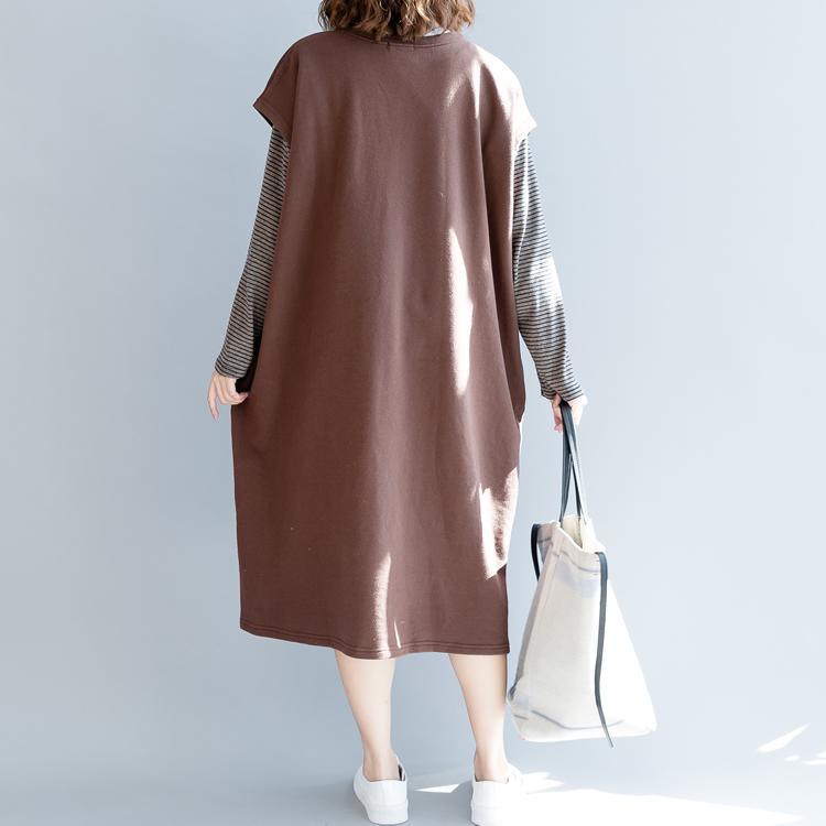 fashion khaki fall cotton dress oversized fall dresses sleeveless top quality o neck natural cotton dress - Omychic