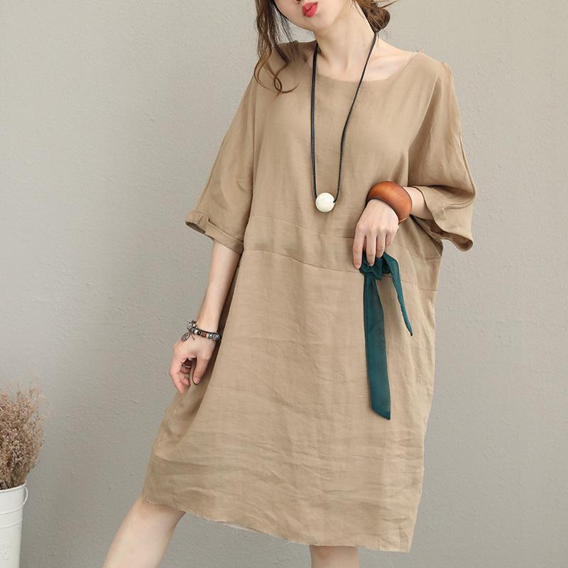 fashion khaki linen dresses plus size O neck half sleeve linen maxi dress top quality tunic baggy dresses - Omychic
