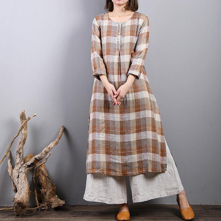 fashion khaki plaid linen caftans oversized side open linen maxi dress women o neck gown - Omychic