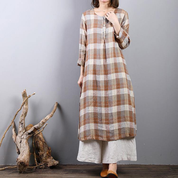 fashion khaki plaid linen caftans oversized side open linen maxi dress women o neck gown - Omychic