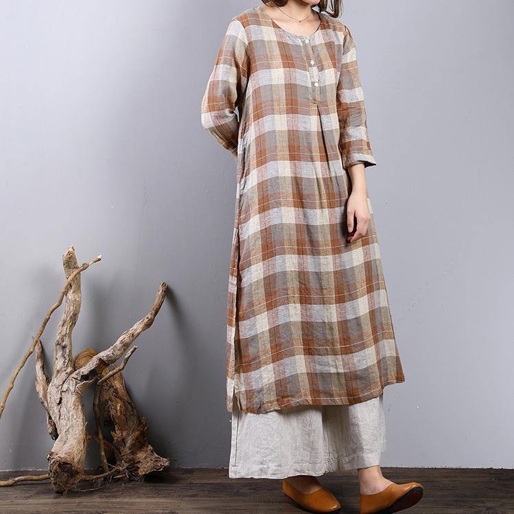 fashion khaki plaid linen caftans oversized side open linen maxi dress women o neck gown - Omychic