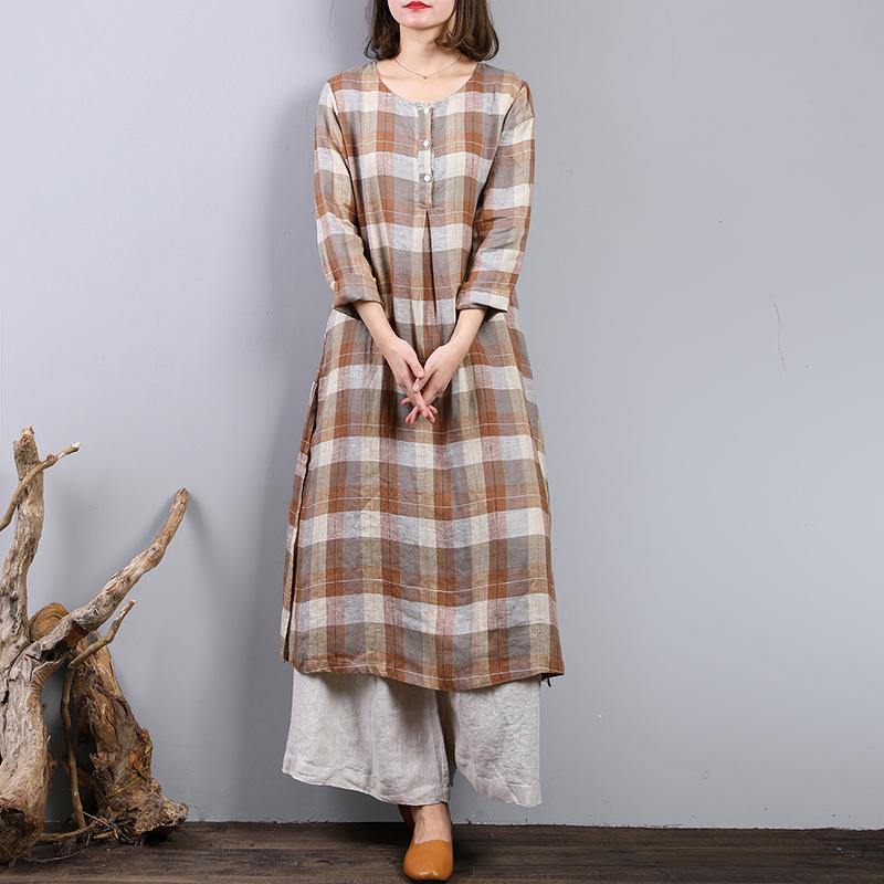 fashion khaki plaid linen caftans oversized side open linen maxi dress women o neck gown - Omychic