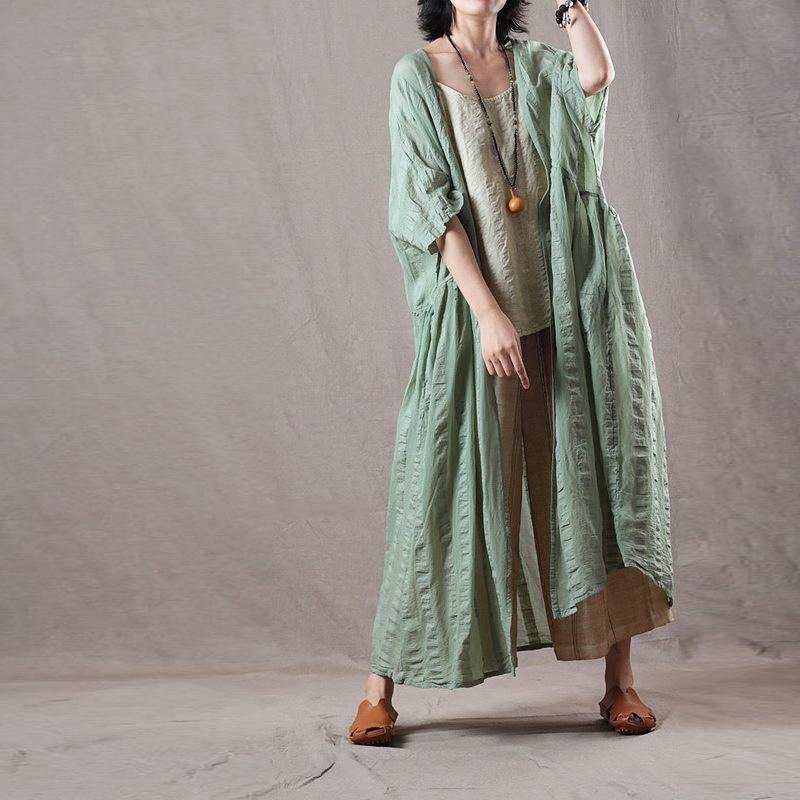 fashion light green long linen coat oversize v neck cardigan boutique bracelet sleeved caftans - Omychic