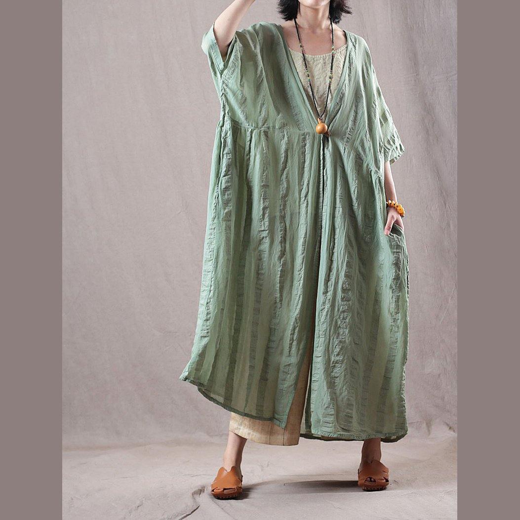 fashion light green long linen coat oversize v neck cardigan boutique bracelet sleeved caftans - Omychic