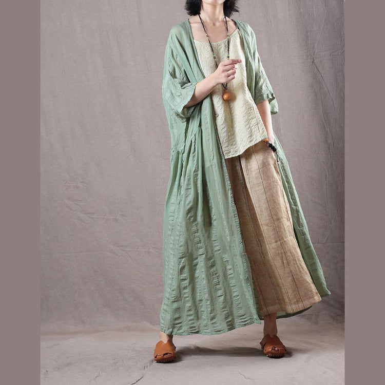 fashion light green long linen coat oversize v neck cardigan boutique bracelet sleeved caftans - Omychic