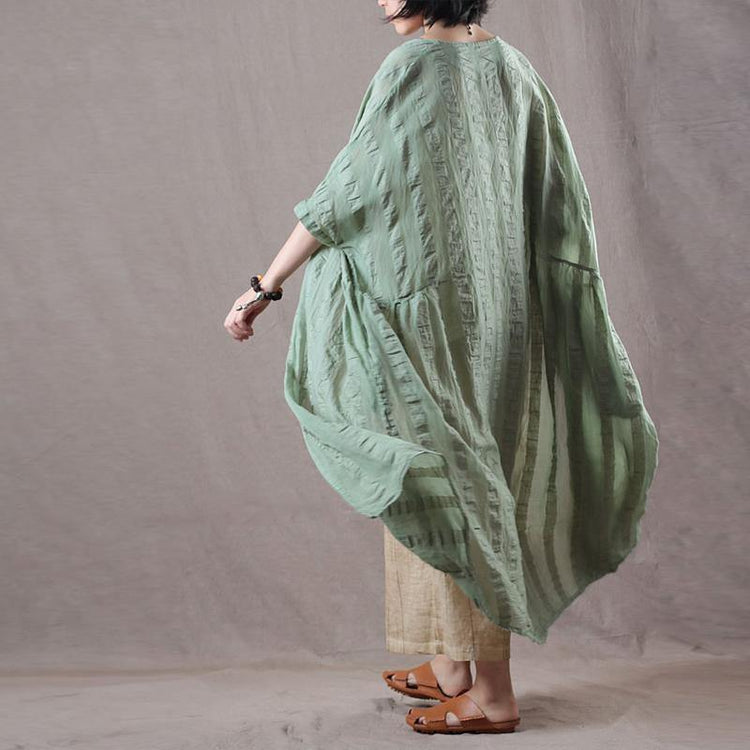 fashion light green long linen coat oversize v neck cardigan boutique bracelet sleeved caftans - Omychic