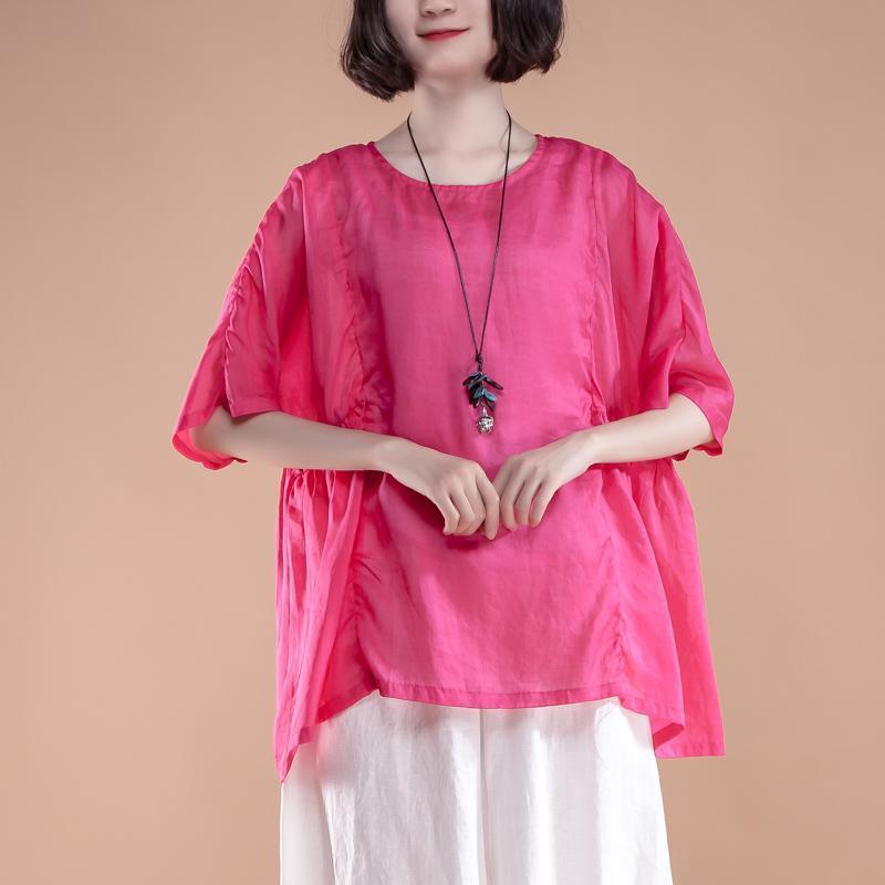fashion linen blouses plus size Summer Short Sleeve Pleated High-low Hem Light Purple Women Tops - Omychic