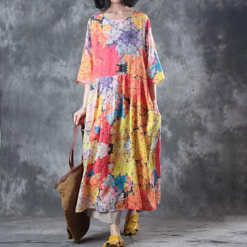 fashion linen dresses plus size Women Linen Pullovers Printed Pleated Pullovers Dress - Omychic