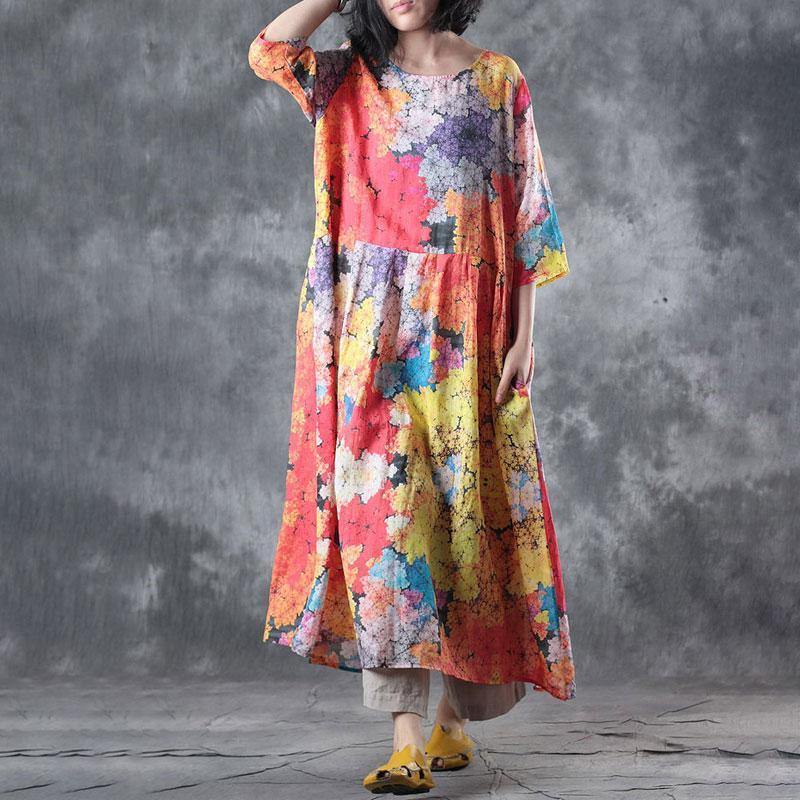 fashion linen dresses plus size Women Linen Pullovers Printed Pleated Pullovers Dress - Omychic