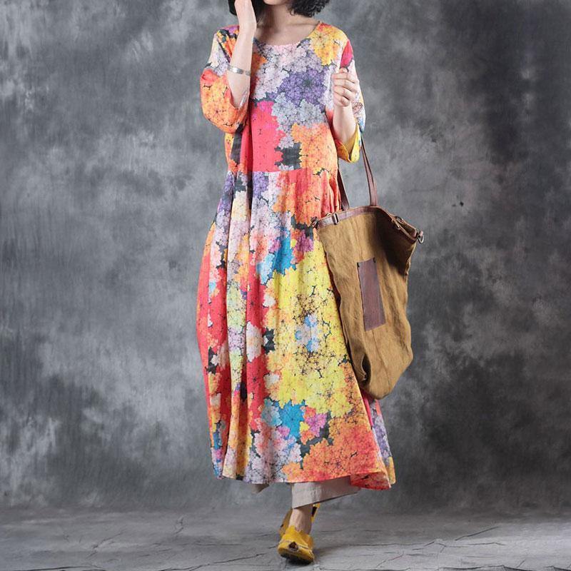 fashion linen dresses plus size Women Linen Pullovers Printed Pleated Pullovers Dress - Omychic