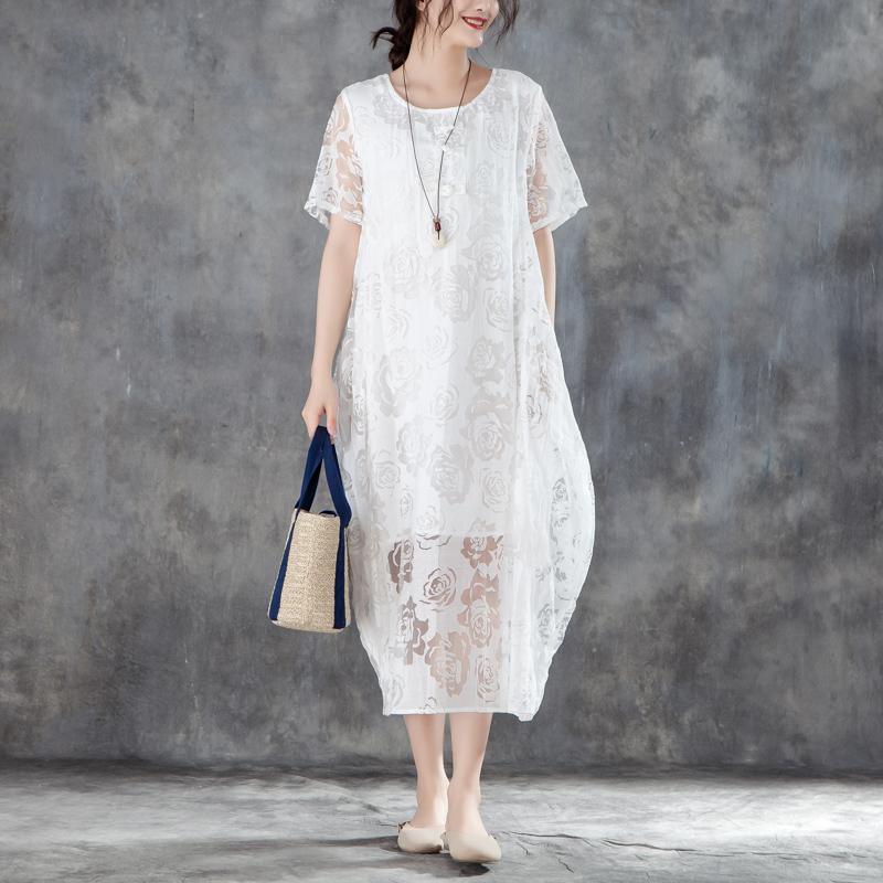 fashion long cotton linen dresses casual Women Casual Short Sleeve Rose Pattern White Dress - Omychic