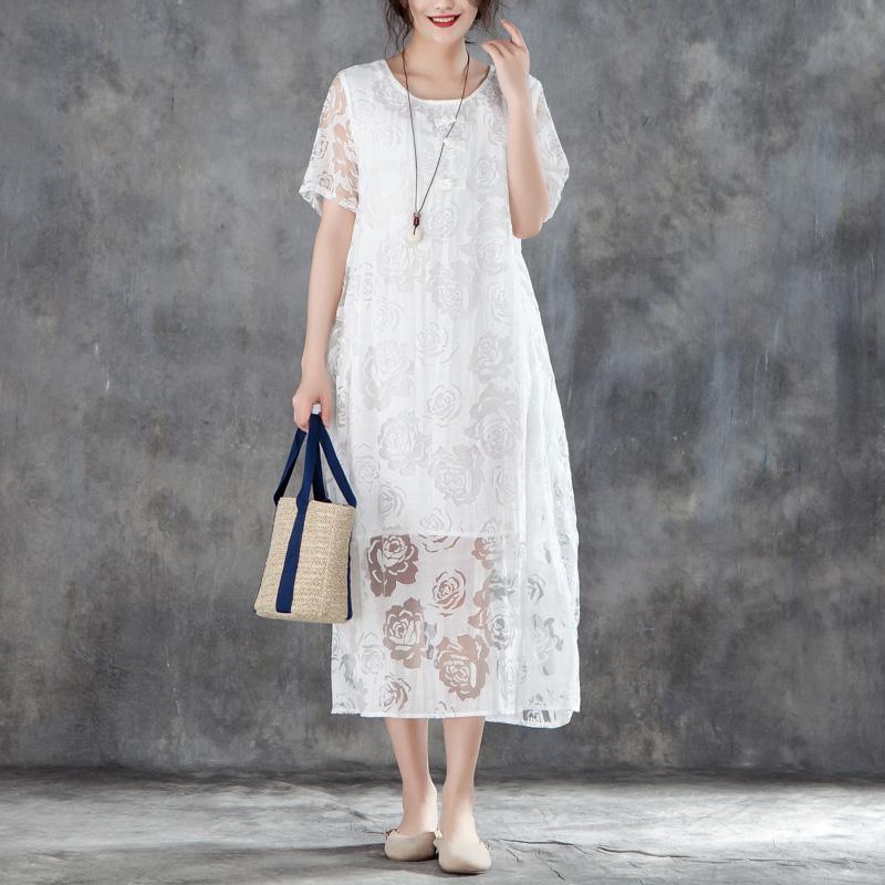 fashion long cotton linen dresses casual Women Casual Short Sleeve Rose Pattern White Dress - Omychic