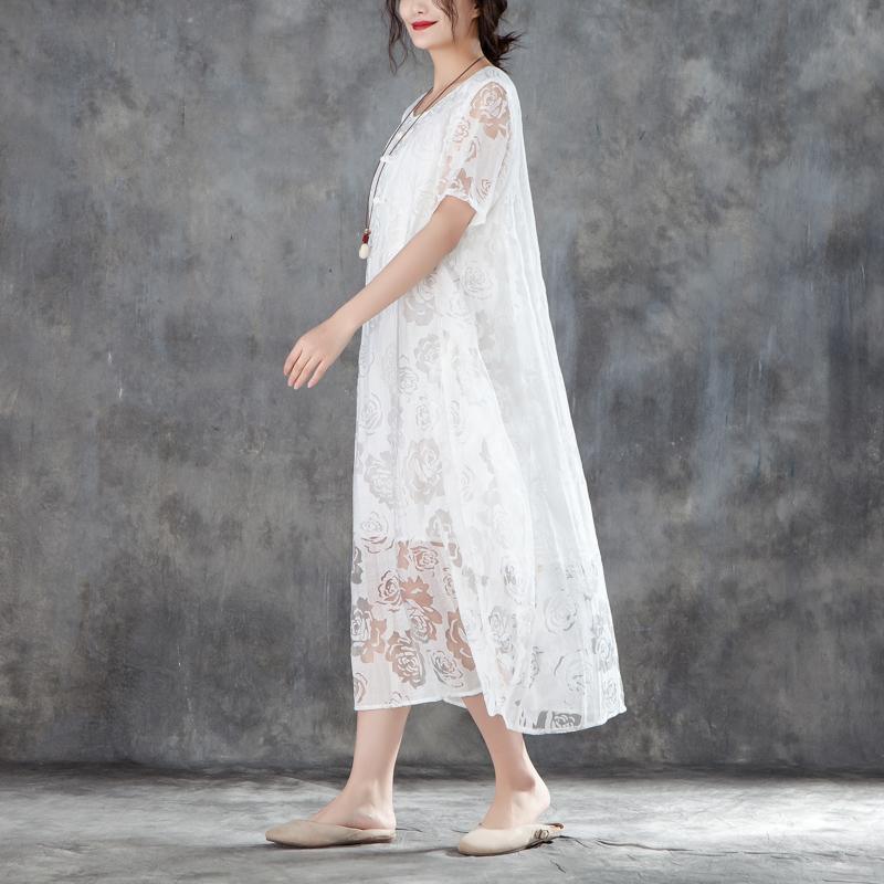 fashion long cotton linen dresses casual Women Casual Short Sleeve Rose Pattern White Dress - Omychic