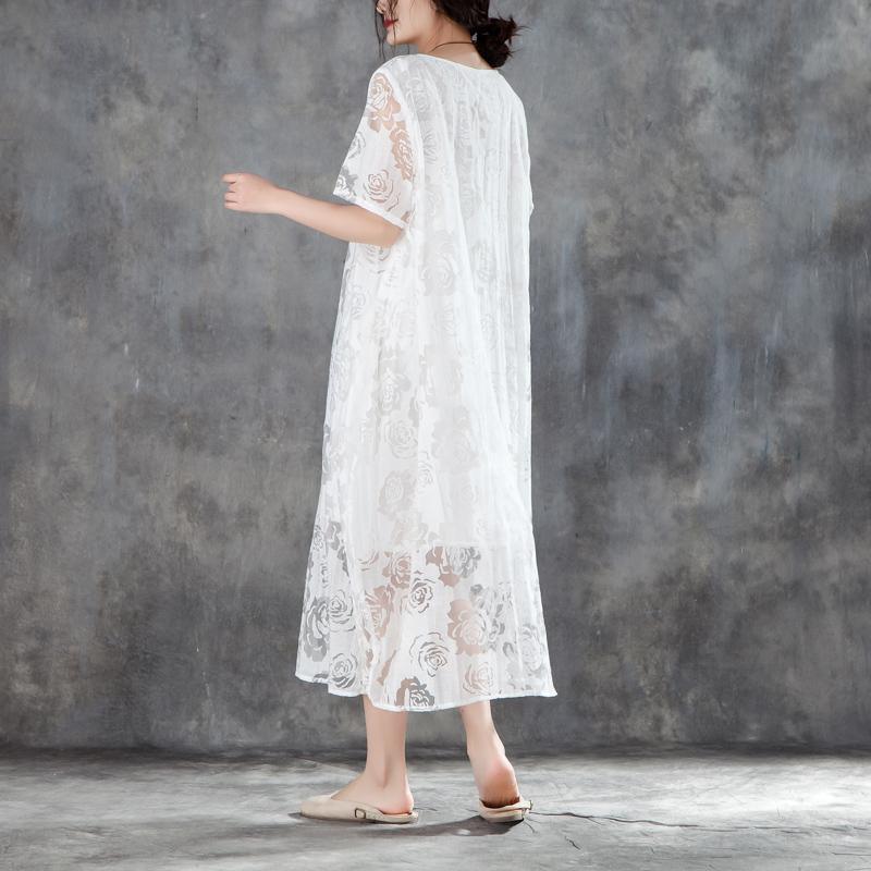 fashion long cotton linen dresses casual Women Casual Short Sleeve Rose Pattern White Dress - Omychic