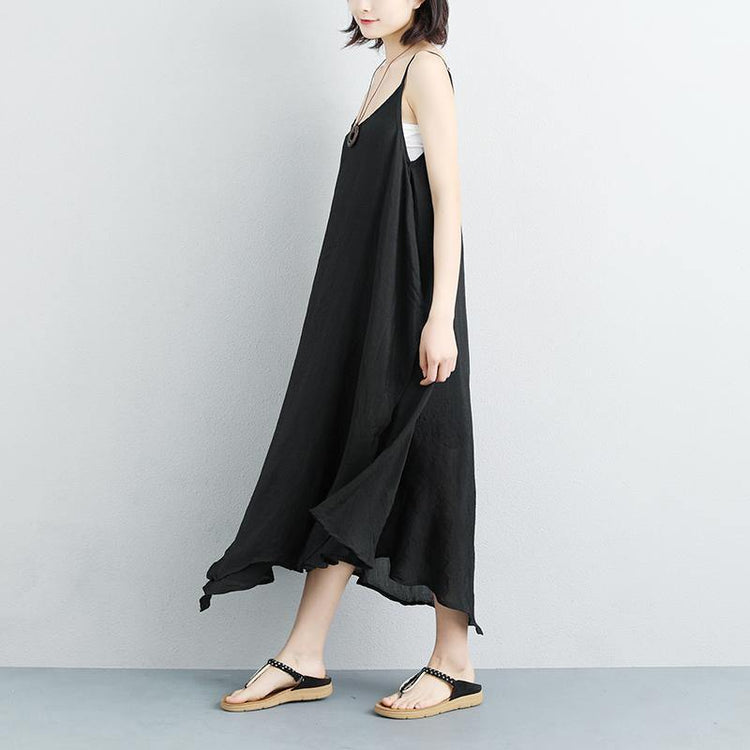 fashion long cotton linen dresses oversize Cotton Linen Summer Sleeveless Black Vest Dress - Omychic