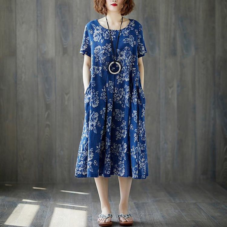 fashion long cotton linen dresses plus size Women Summer Blue Short Sleeve Floral Casual Long Dress - Omychic