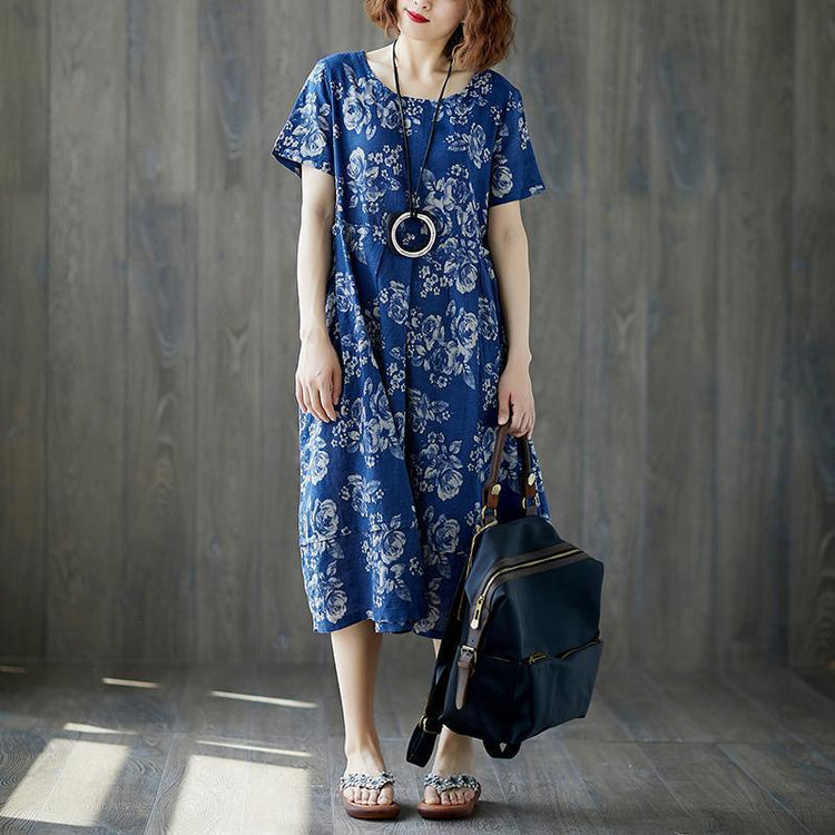 fashion long cotton linen dresses plus size Women Summer Blue Short Sleeve Floral Casual Long Dress - Omychic