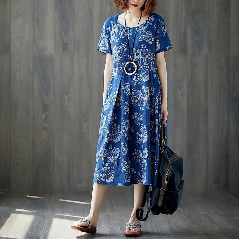 fashion long cotton linen dresses plus size Women Summer Blue Short Sleeve Floral Casual Long Dress - Omychic