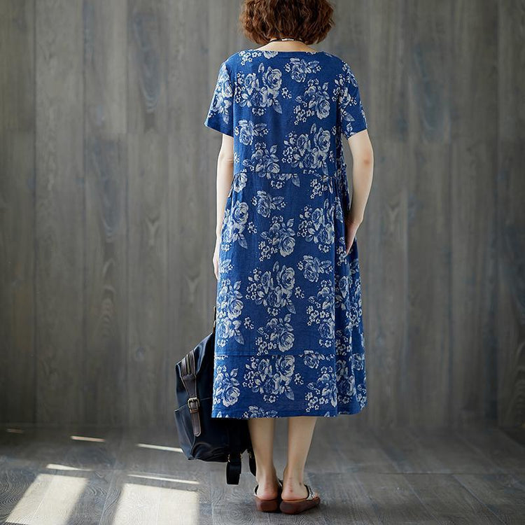 fashion long cotton linen dresses plus size Women Summer Blue Short Sleeve Floral Casual Long Dress - Omychic
