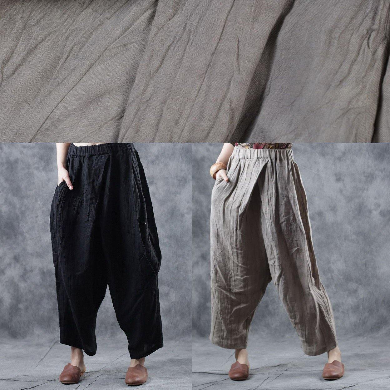 fashion loose linen crop pants women nude elastic waist pants - Omychic