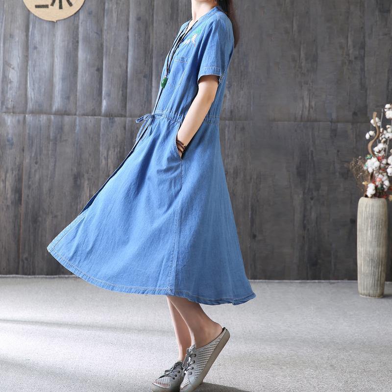 fashion natural cotton dress plus size clothing Embroidery Blue Summer Loose Lacing Buttons Long Dress - Omychic