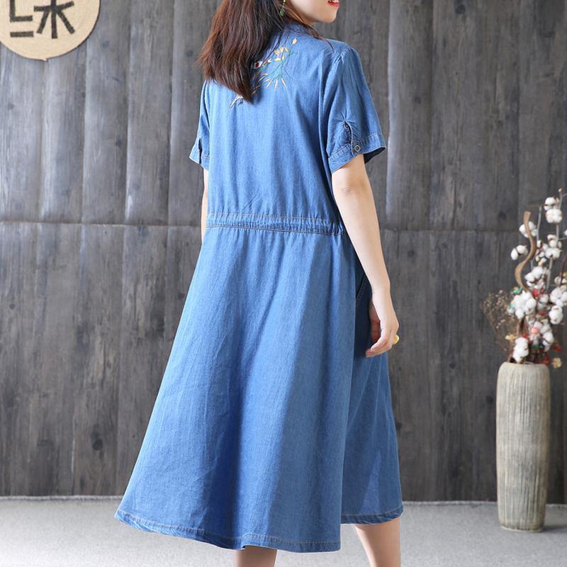 fashion natural cotton dress plus size clothing Embroidery Blue Summer Loose Lacing Buttons Long Dress - Omychic