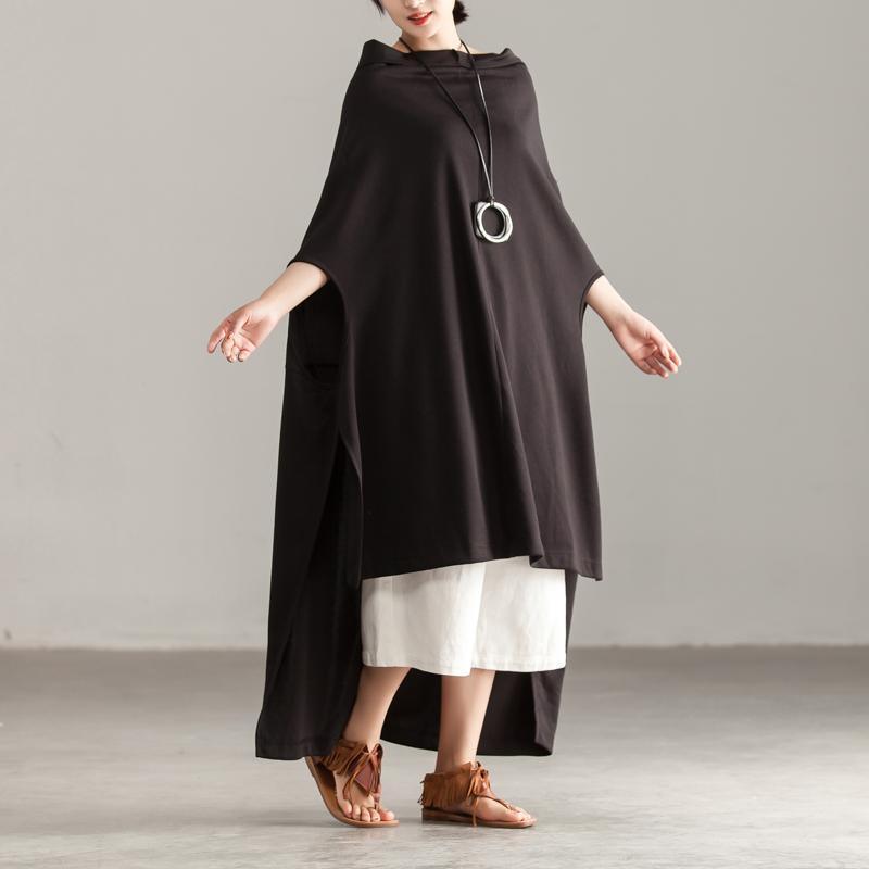 fashion natural cotton t shirt plus size clothing Women Cotton Pure Black Bat Sleeve Irregular Tops - Omychic