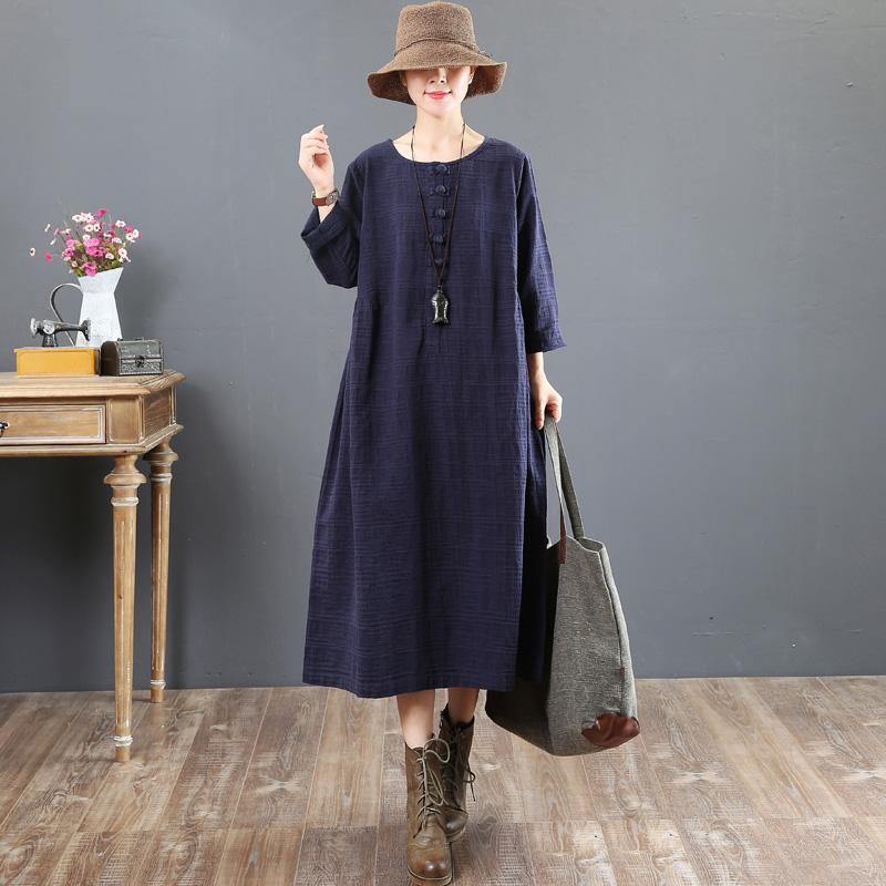 fashion navy  cotton shift dresses oversized fall dresses Chinese Button vintage long sleeve cotton dress - Omychic