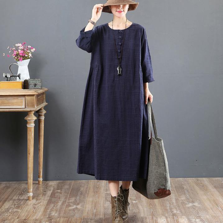 fashion navy  cotton shift dresses oversized fall dresses Chinese Button vintage long sleeve cotton dress - Omychic
