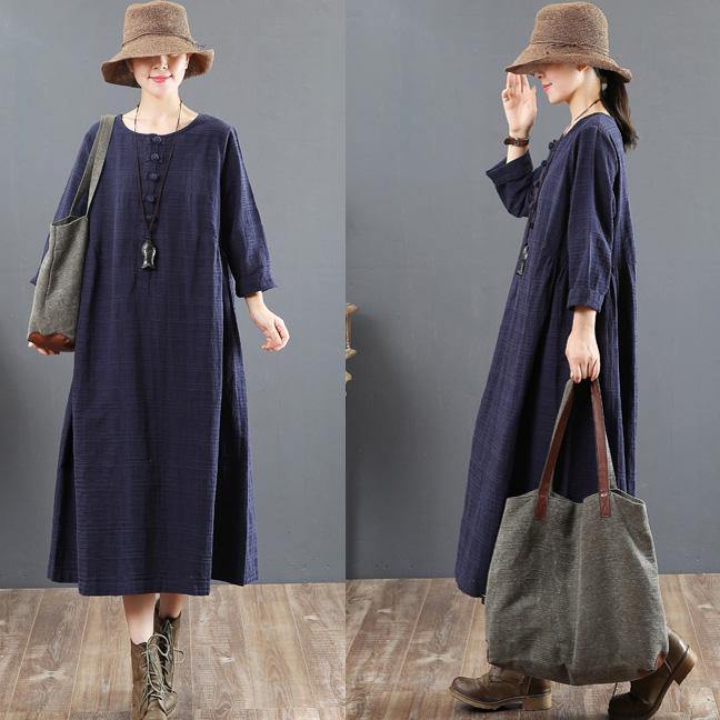 fashion navy  cotton shift dresses oversized fall dresses Chinese Button vintage long sleeve cotton dress - Omychic