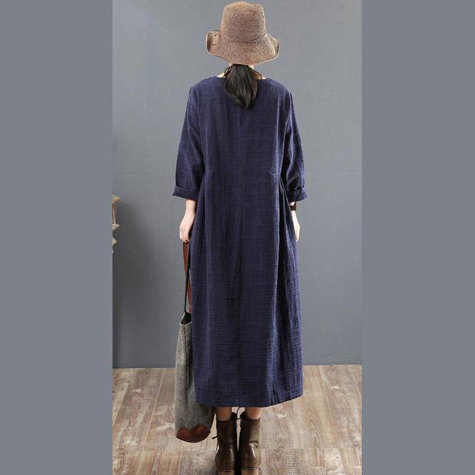 fashion navy  cotton shift dresses oversized fall dresses Chinese Button vintage long sleeve cotton dress - Omychic