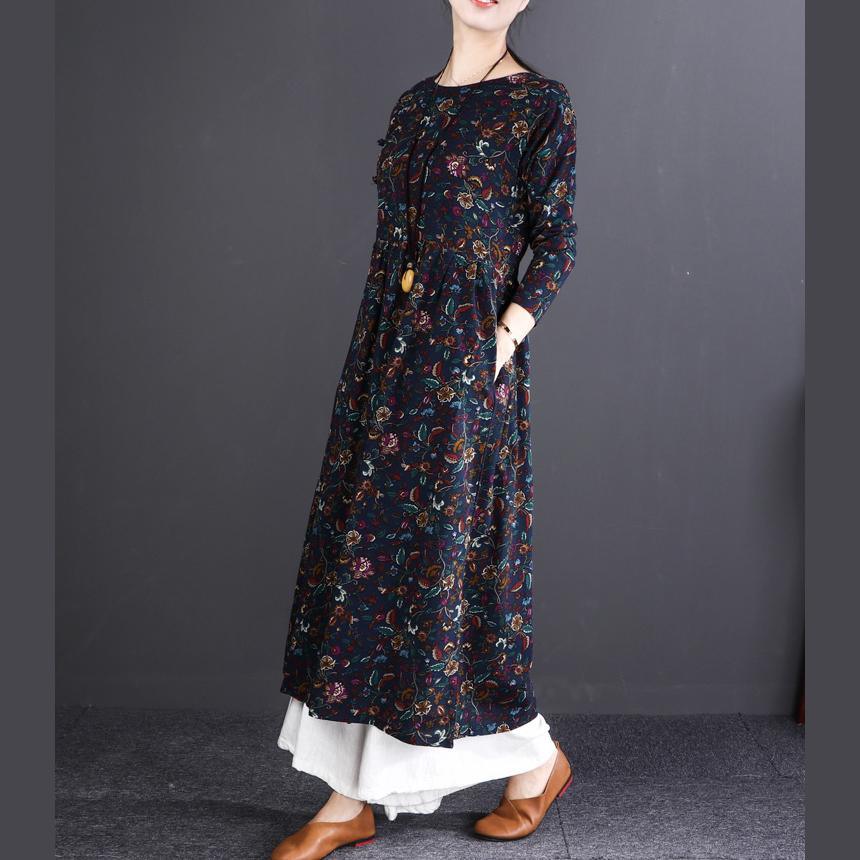 fashion navy print cotton linen maxi dress plus size O neck wrinkled casual long sleeve baggy dresses - Omychic