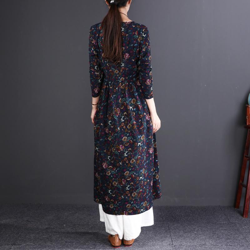 fashion navy print cotton linen maxi dress plus size O neck wrinkled casual long sleeve baggy dresses - Omychic