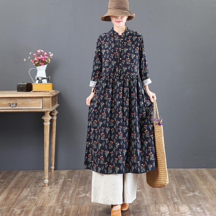 fashion navy prints natural cotton dress  Loose fitting stand collar cotton clothing dress boutique tunic cotton caftans - Omychic