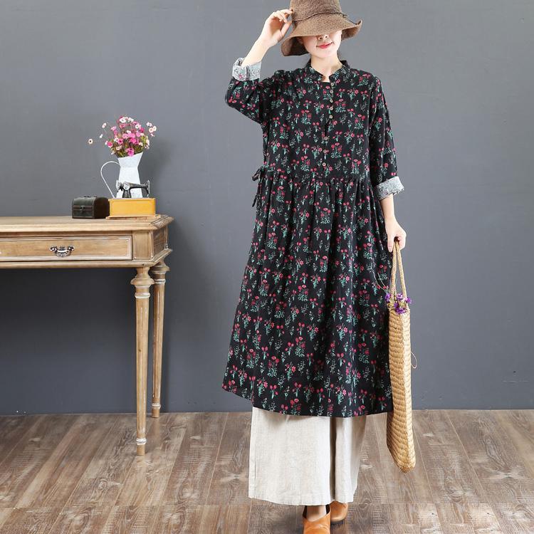 fashion navy prints natural cotton dress  Loose fitting stand collar cotton clothing dress boutique tunic cotton caftans - Omychic