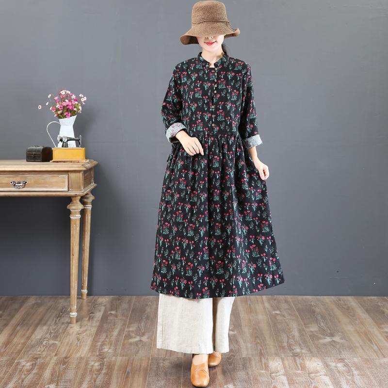 fashion navy prints natural cotton dress  Loose fitting stand collar cotton clothing dress boutique tunic cotton caftans - Omychic