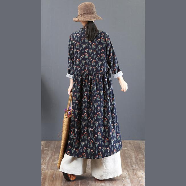 fashion navy prints natural cotton dress  Loose fitting stand collar cotton clothing dress boutique tunic cotton caftans - Omychic
