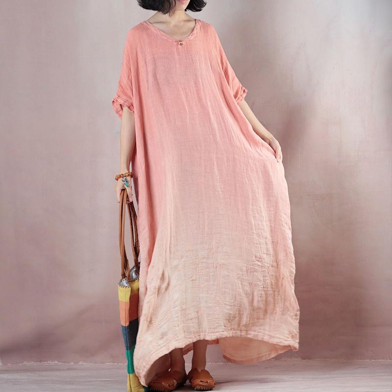 fashion pink orange linen dresses Loose fitting v neck baggy dresses  half sleeve maxi dresses - Omychic
