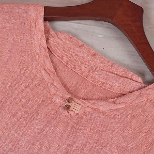 fashion pink orange linen dresses Loose fitting v neck baggy dresses  half sleeve maxi dresses - Omychic