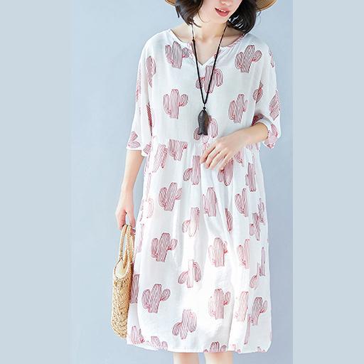 fashion pink print cotton linen shift dresses trendy plus size women half sleeve baggy dresses v neck cotton linen dresses - Omychic