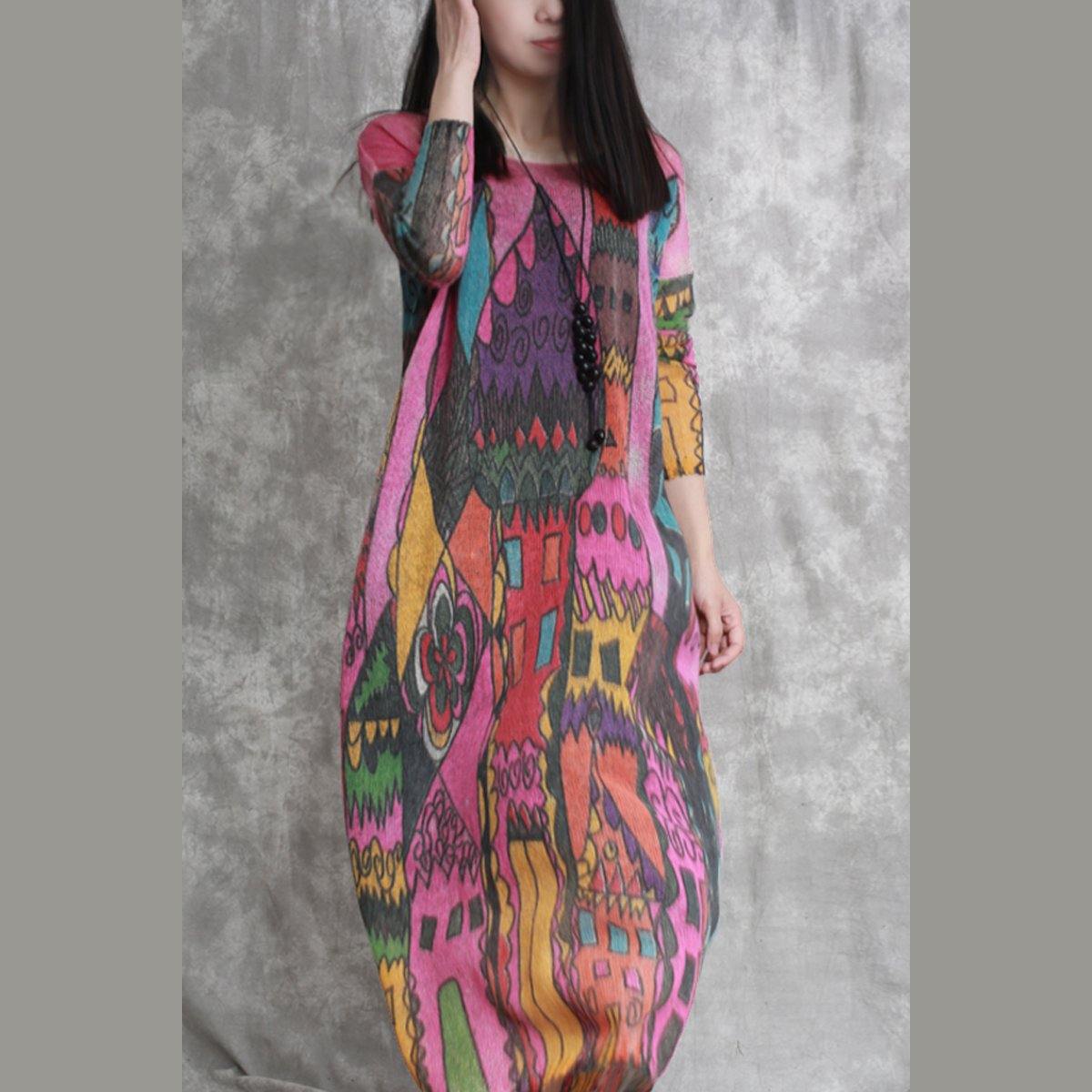 fashion pink prints linen dresses trendy plus size long sleeve caftans vintage o neck linen caftans - Omychic