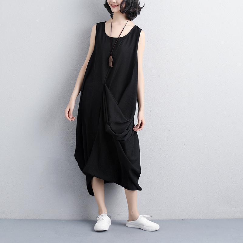 fashion polyester dress Loose fitting Women Summer Round Neck Sleeveless Black Dress - Omychic
