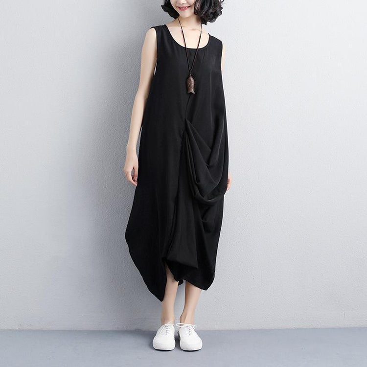 fashion polyester dress Loose fitting Women Summer Round Neck Sleeveless Black Dress - Omychic
