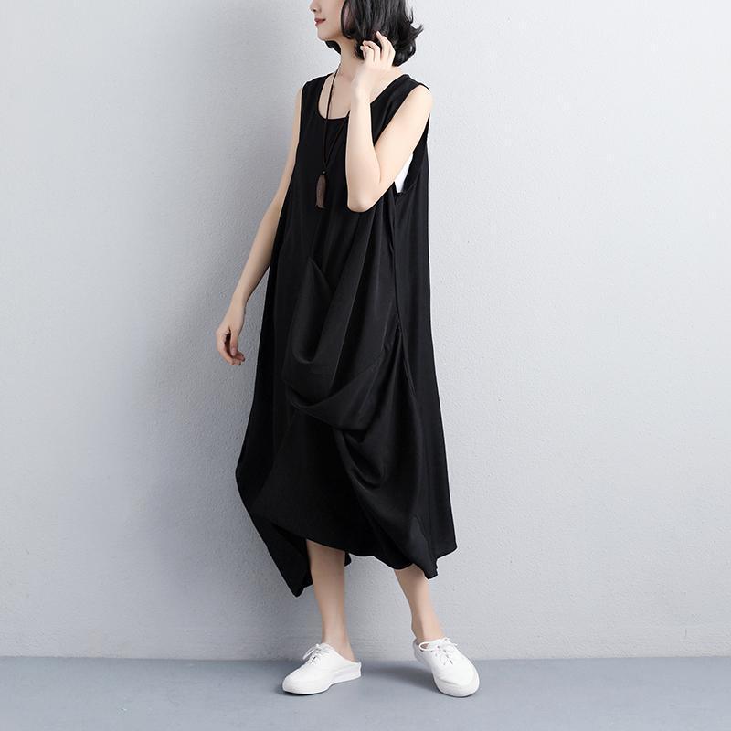 fashion polyester dress Loose fitting Women Summer Round Neck Sleeveless Black Dress - Omychic