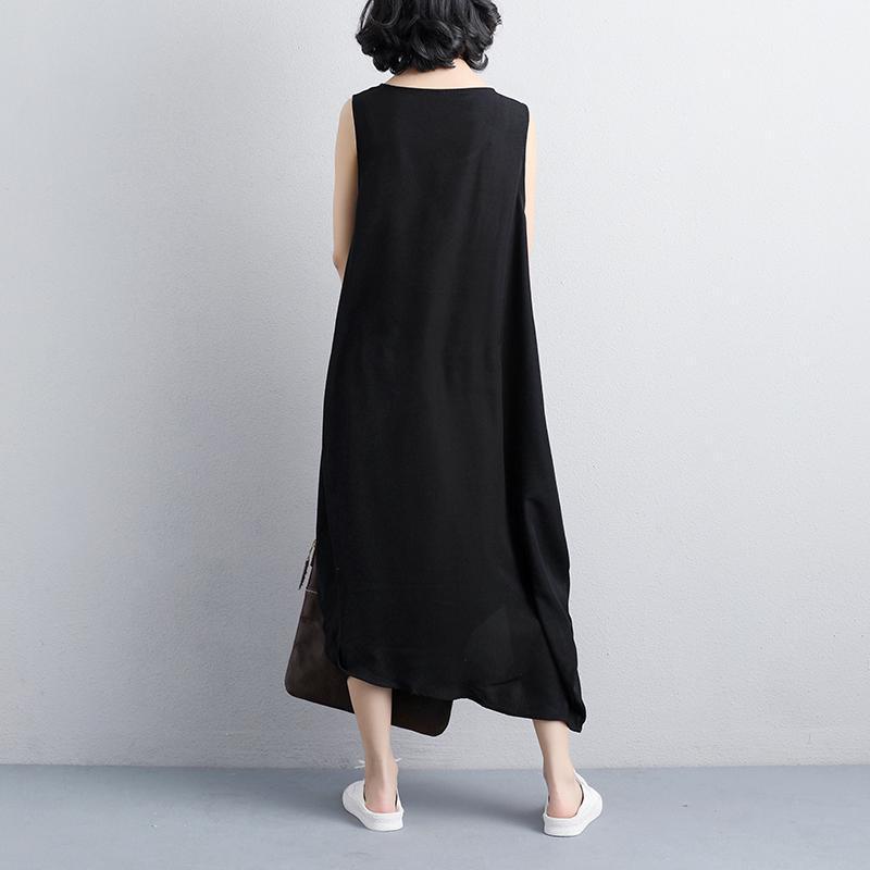 fashion polyester dress Loose fitting Women Summer Round Neck Sleeveless Black Dress - Omychic