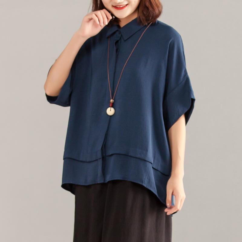 fashion pure chiffon blouse casual Women Navy Blue Chiffon Short Sleeve Shirt - Omychic