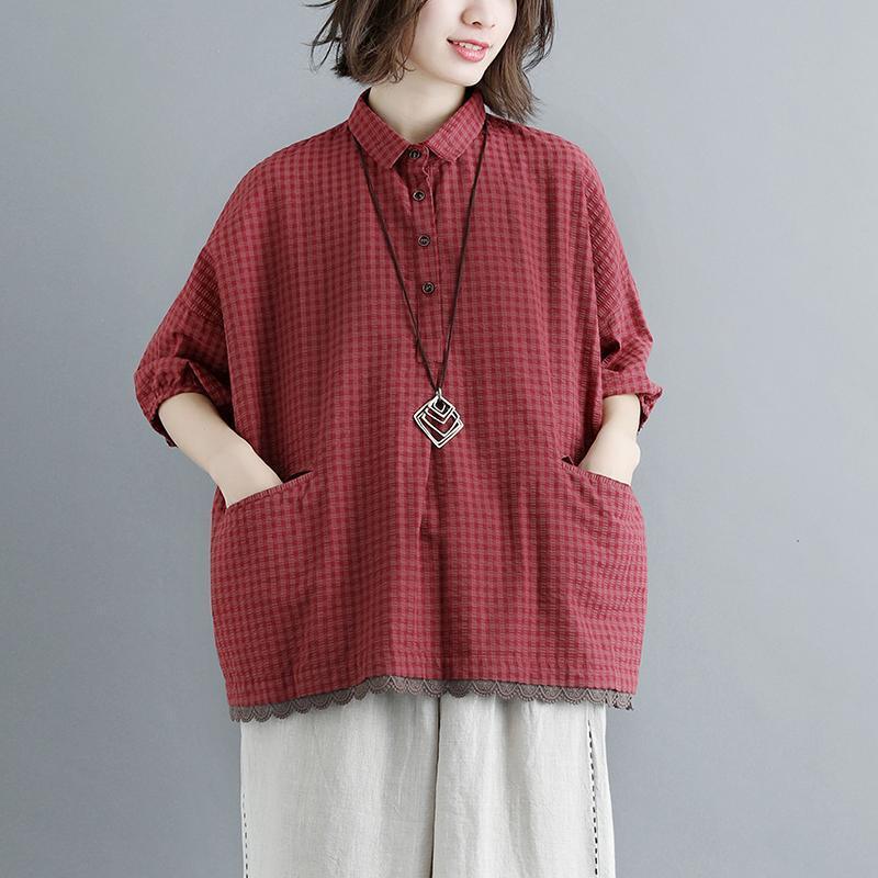 fashion pure cotton blouse oversize Summer Short Sleeve Plaid polo Neck Wine Red Casual Lacing Pockets Blouse - Omychic