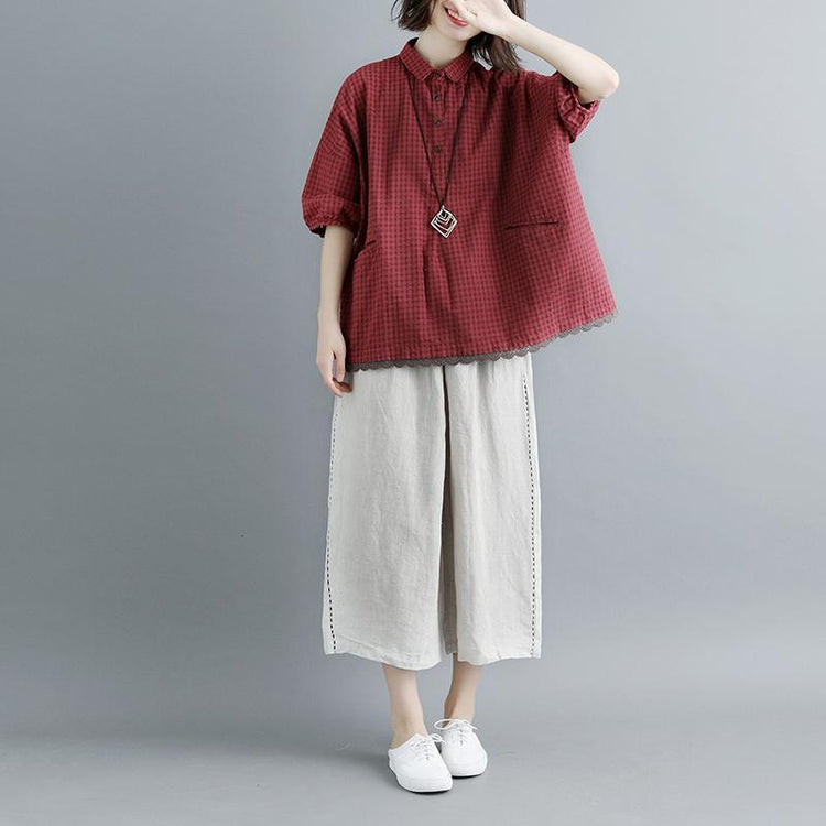 fashion pure cotton blouse oversize Summer Short Sleeve Plaid polo Neck Wine Red Casual Lacing Pockets Blouse - Omychic