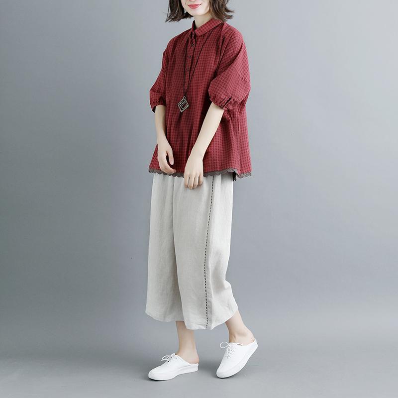 fashion pure cotton blouse oversize Summer Short Sleeve Plaid polo Neck Wine Red Casual Lacing Pockets Blouse - Omychic