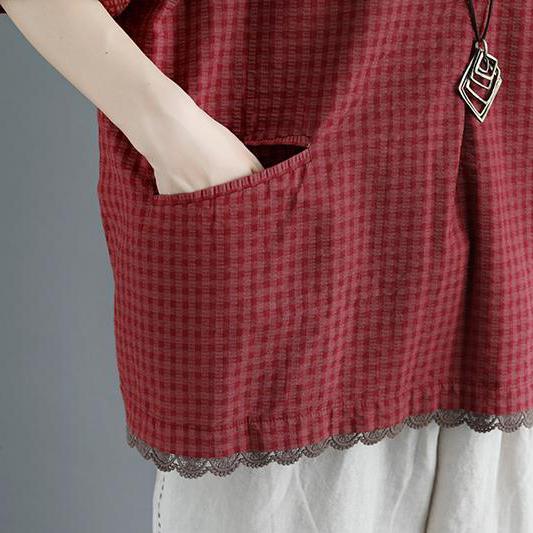 fashion pure cotton blouse oversize Summer Short Sleeve Plaid polo Neck Wine Red Casual Lacing Pockets Blouse - Omychic